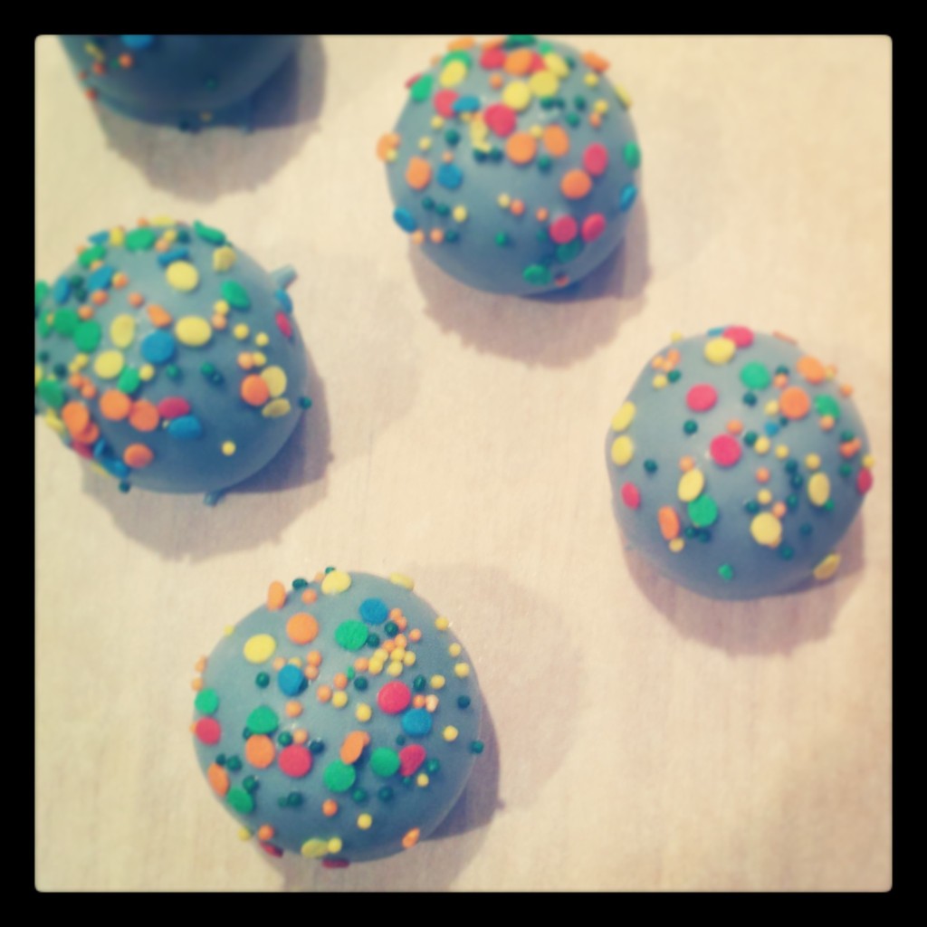 Chocolate birthday cake balls with rainbow sprinkles for the birthday boy!