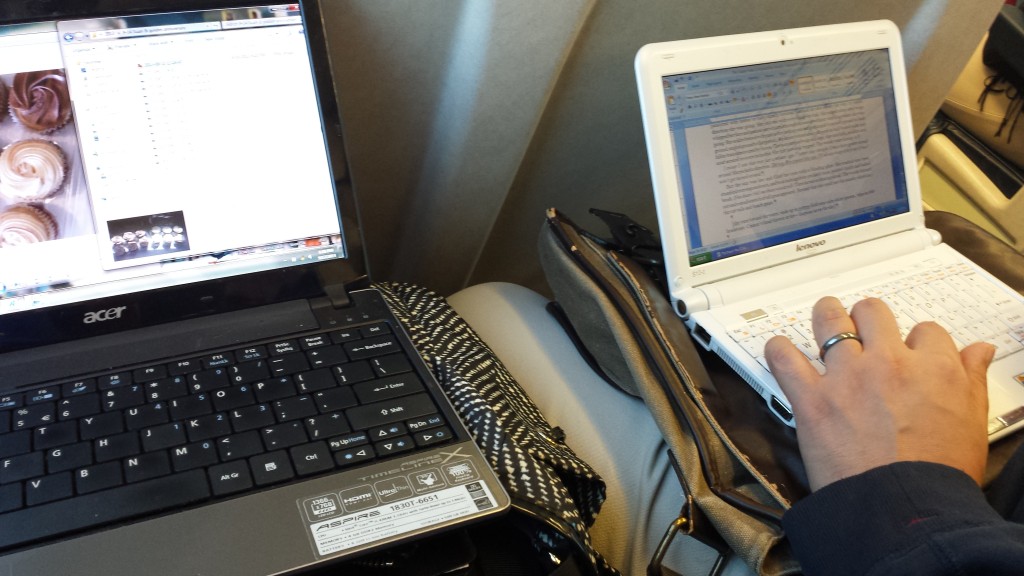 Working on the LIRR... Left: I'm sorting out photos for this blog post entry; Right: Vin is drafting his latest novella