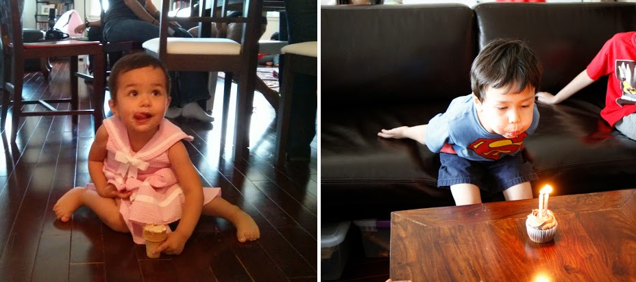 Left: The birthday girl is enjoying her cupcake cone treat; Right: Her superhero big brother gets his own "birthday" cupcake