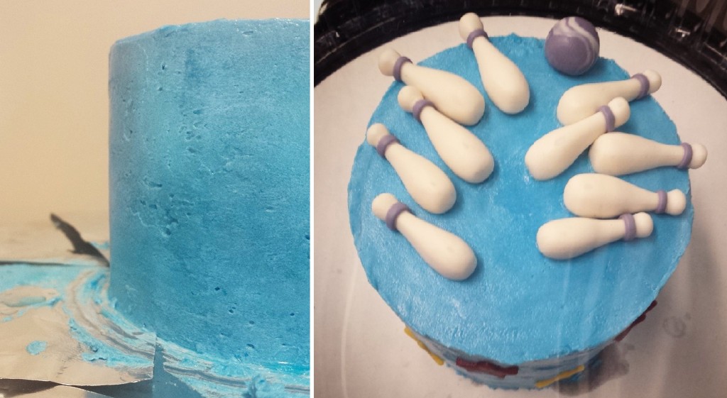 Left: Look at that perfectly straight and clean edge. I'm GOOD.  Right: Fondant bowling pins for Timmy!!!
