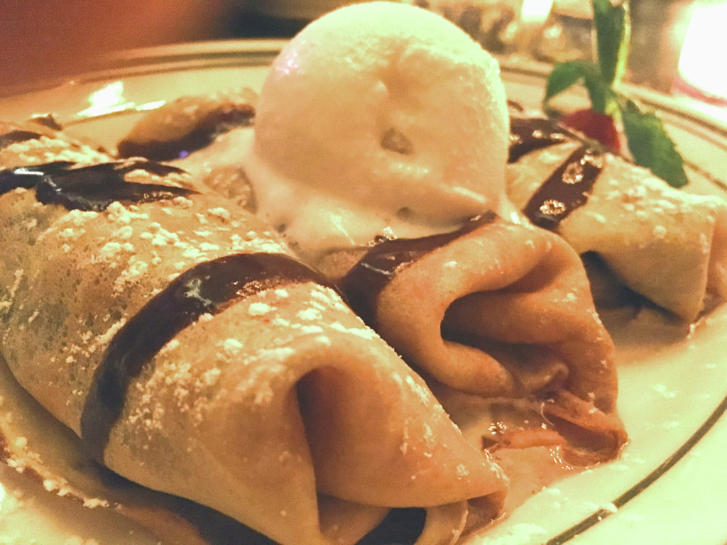 Crepes with berries and plantains and chocolate and ICE CREAM!