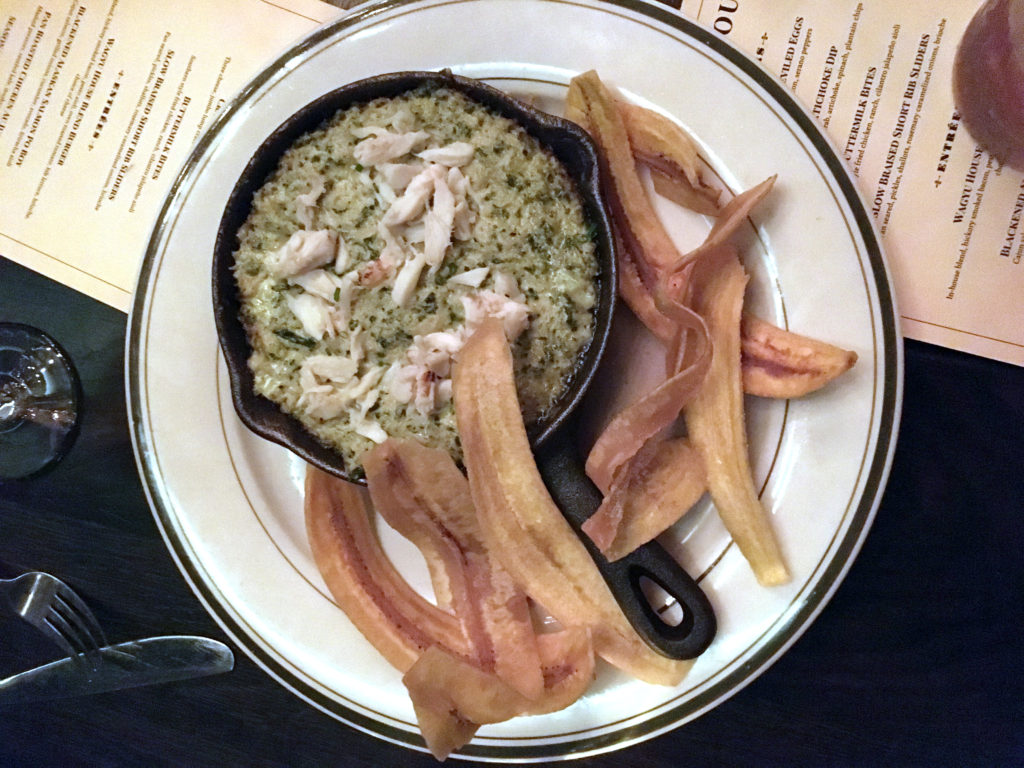 Crab and artichoke dip with fried plaintains